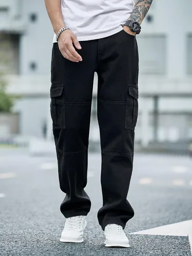 Miniatura 5 de WDIRARA Pantalones de mezclilla tipo cargo texturizados para hombre, pierna recta, con múltiples bolsillos con solapa