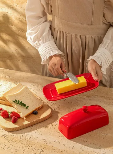 Miniatura 6 de Sweese - Mantequilla de porcelana con tapa, soporte de mantequilla de 7.8 pulgadas con cubierta de asa, recipiente de mantequilla perfecto para Rojo