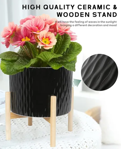 Miniatura 4 de LaDoVita Maceta de cerámica con soporte, maceta de 10 pulgadas con estante de madera, macetas redondas modernas para interiores con soporte