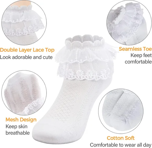 Miniatura 2 de Looching 45 pares de calcetines de encaje con volantes para bebé y niña, con ojales, color blanco, de princesa, de algodón, lindos calcetines