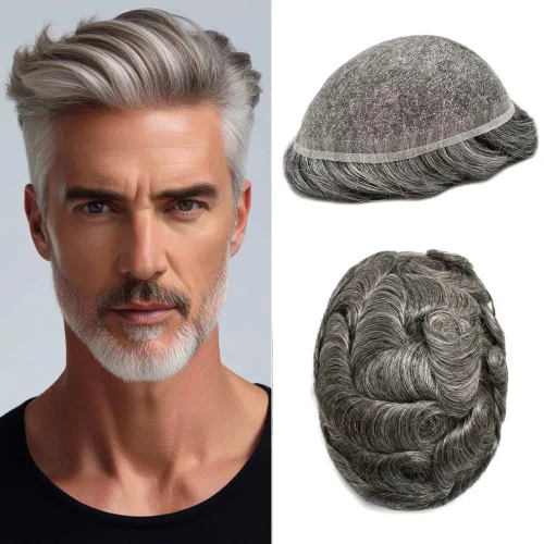 Miniatura 21 de Toupee For Men Real Human Hair System Mens Hair Piece Breathable Mens Toupee Durable Men Hairpiece 6X8#1 Jet Black 80% Density
