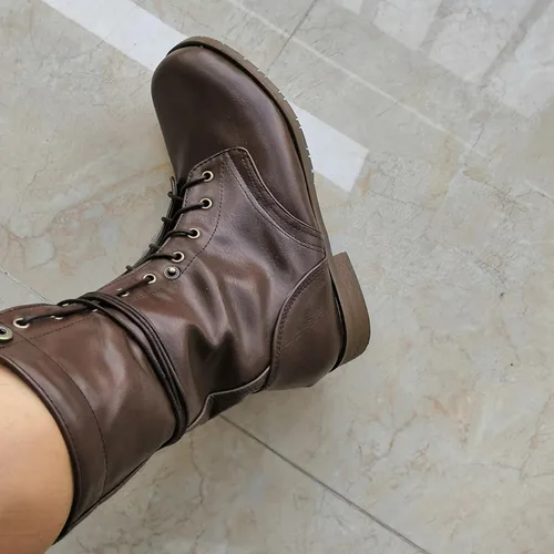 Miniatura 2 de Botas de combate romanas de cuero para mujer, con cordones, de media pantorrilla, para invierno, al aire libre, casual, para caminar, a la moda