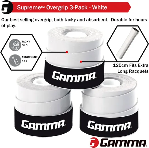 Miniatura 2 de Gamma Sports Supreme Overgrip para raquetas de tenis, pickleball, squash, bádminton y raquetball, varios tamaños y colores Blanco