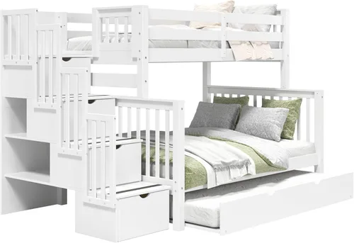 Miniatura 2 de Bedz King BK961-Honey-Trundle-p - Litera con cama nido individual, con 4 cajones en los peldaños Blanco