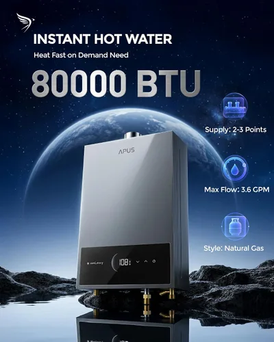 Miniatura 2 de APUS Calentador de agua sin tanque de gas natural, hasta 3.6 GPM, calentador de agua sin tanque para interiores, 80,000 BTU bajo demanda