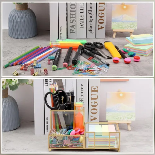 Miniatura 5 de Organizador de escritorio Shonmogar con 3 compartimentos, organizador pequeño de escritorio de vidrio para bolígrafos, lápices, tarjetas