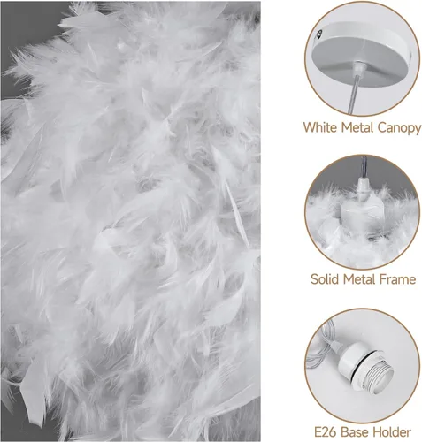 Miniatura 4 de ZYLEISENBAO Lámpara nórdica de plumas blancas, lámpara colgante de plumas blancas de 11.85 pulgadas, luces de comedor peludas, lámpara colgante