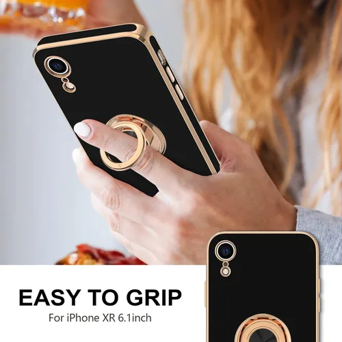 Miniatura 2 de Hython Funda para iPhone XR con soporte de anillo [soporte de anillo giratorio de 360° con soporte magnético] chapado en oro rosa brillante borde