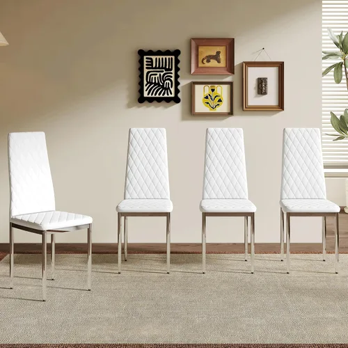 Miniatura 10 de Juego de 4 sillas de comedor modernas, de piel sintética negra, juego de 4, sillas tapizadas con respaldo alto con patas de metal plateado