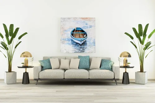 Miniatura 3 de YHSKY ARTS Lienzo decorativo para pared de bote de remos azul sereno: calma costera para la decoración de tu hogar