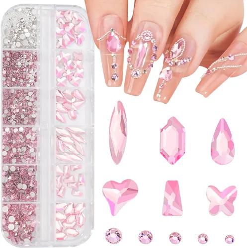 Miniatura 9 de Kit de diamantes de imitación de cristal 3D rosa claro multiformas para uñas, mezcla de 0.031 in, cuentas redondas plateadas para uñas, gemas