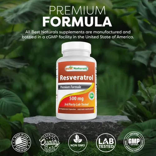 Miniatura 5 de Best Naturals 2 paquetes de complejo de resveratrol 500 mg 60 cápsulas vegetales hechas con piel de uva, vino tinto, quercetina, sin gluten y sin