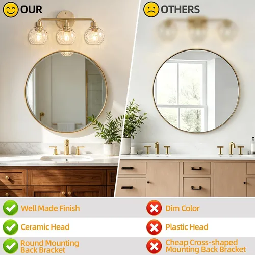 Miniatura 8 de Lámparas de baño doradas para tocador, 3 luces, apliques de pared, luces de latón cepillado con pantalla de vidrio martillado, lámpara de pared