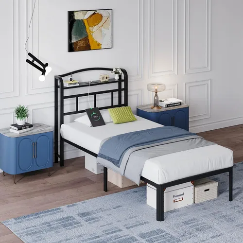 Miniatura 5 de SHOANED Base de cama de metal de 14 pulgadas, base de colchón básica de plataforma resistente de color negro con cabecera y estación de carga,
