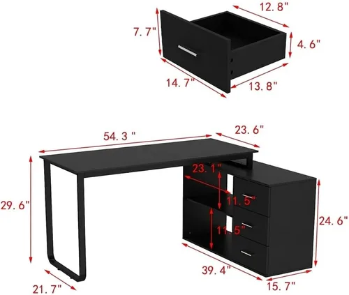 Miniatura 2 de Homsee - Escritorio de computadora para oficina en casa, escritorio de esquina con 3 cajones y 2 estantes, mesa de estudio grande en forma de L