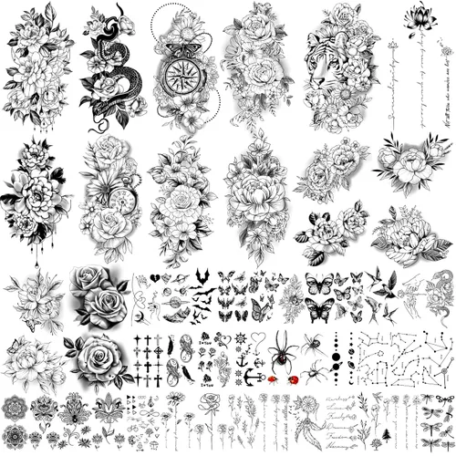 Miniatura 9 de Yazhiji 32 hojas de pegatinas de tatuajes temporales, 8 hojas de tatuajes falsos corporales para brazo, pecho y hombro para hombres y mujeres con 24