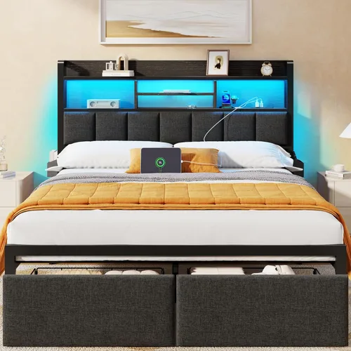 Miniatura 11 de Furnulem Base de cama King con cabecero de madera y cajones de almacenamiento, marcos de cama de plataforma de metal tamaño King con luces LED