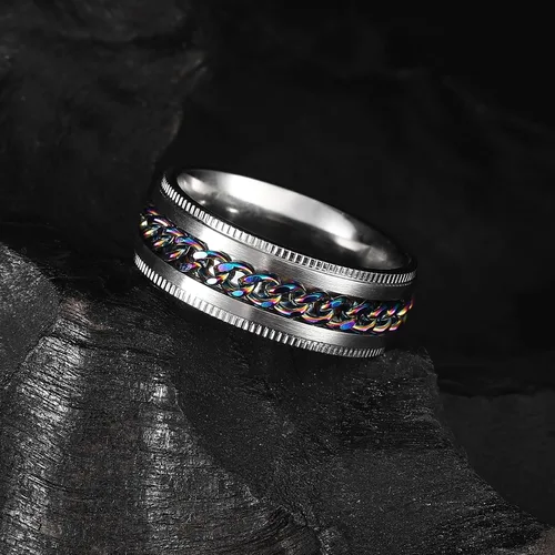 Miniatura 113 de King Will - Anillo antiestrés de acero inoxidable 316L para hombres y mujeres, con cadena decorativa giratoria, 8 mm de ancho, anillo de boda