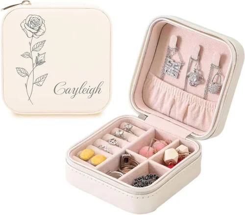 Miniatura 7 de Joyero personalizado con tu nombre y mes de la flor de nacimiento, organizador de joyas de cuero personalizado, estuche de viaje, regalos Negro
