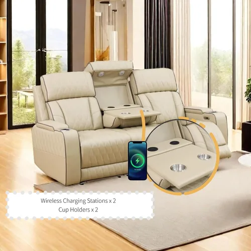 Miniatura 3 de Juego de sillones reclinables eléctricos con luces LED, juego reclinable de cuero acolchado con aire con puerto USB/almacenamiento/portavasos/luz