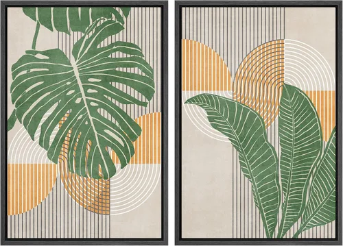 Miniatura 109 de IDEA4WALL Lienzo enmarcado para pared, juego de arte Bauhaus dorado de mediados de siglo, patrón de cuadrícula moderna, ilustraciones con formas