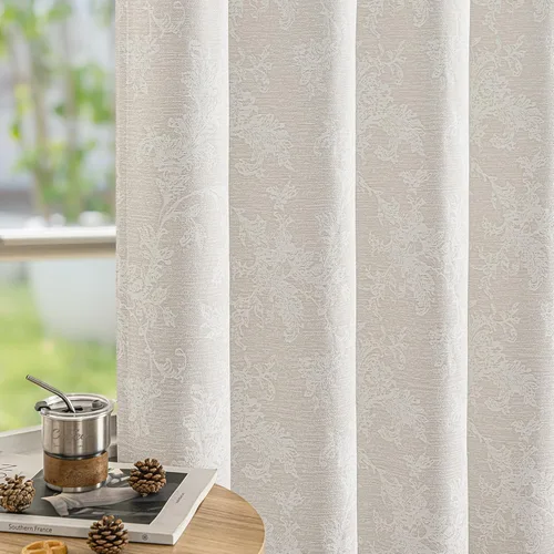 FMFUNCTEX - Cortinas opacas color beige con jacquard floral, de 63 pulgadas de largo, para dormitorio, cortinas de pergamino con flores de chenilla