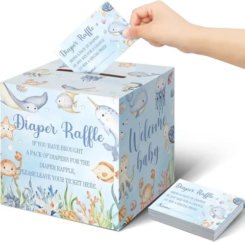 Miniatura 36 de Teling 51 boletos para rifas de pañales con caja de tarjetas, decoración de baby shower, caja de soporte para baby shower, para fiesta de rifas