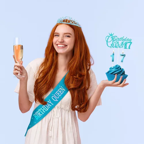 Miniatura 6 de Crowye Decoraciones de cumpleaños número 17, corona de tiara de 17 años, banda, decoración para tartas, velas, suministros para fiestas, regalos Azul