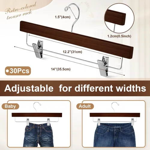 Miniatura 2 de Sieral Paquete de 30 perchas de madera para pantalones con clips de madera maciza, faldas de madera maciza con 2 clips ajustables, gancho giratorio