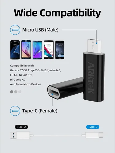 Miniatura 2 de ARKTEK Adaptador micro USB a USB C, tipo C hembra a microUSB macho convertidor para sincronización de datos OTG (negro, micro USB a tipo C)