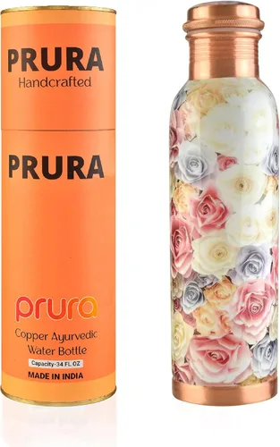 Miniatura 37 de Botella de agua de cobre con estampado puro, a prueba de fugas, recipiente de cobre ayurvédico para deportes, gimnasio, aire libre, yoga, beneficios