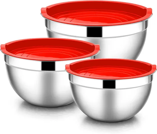 Miniatura 13 de E-far Tazones para mezclar con tapas, juego de 6 piezas de tazones para ensalada de acero inoxidable, tazones de metal anidables para hornear, Azul