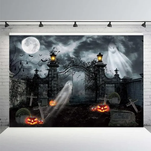 MEHOFOND Fondo de fotografía de cementerio embrujado de Halloween de 7 x 5 pies, linterna gótica de fantasma, terror espeluznante, puerta de