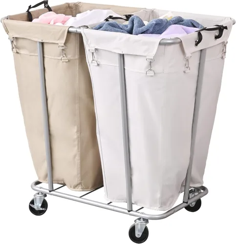 PLKOW Carrito de lavandería con ruedas, clasificador de lavandería grande de 280 L, 2 secciones para comercial/hogar, carrito de lavandería con
