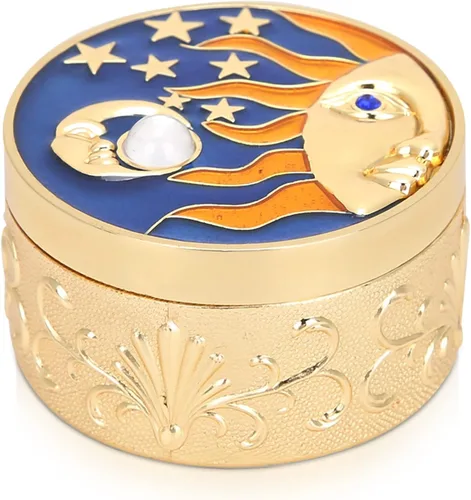 Caja de joyería redonda, caja de almacenamiento vintage con diseño de estrella de luna y organizador con tapa de regalo de artesanía para decoración