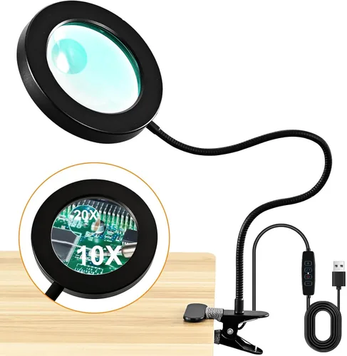 Lupa de doble lente 20X/10X con luz y temporizador, lupa de lente combinada con luz, 3 modos de color, lámpara de escritorio con aumento 2 en 1 para