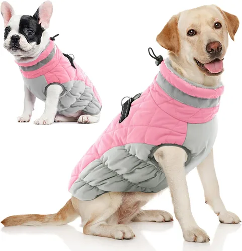 Miniatura 24 de AOFITEE Abrigo para perro, chaquetas cálidas para perros grandes, abrigo reflectante de cuello alto para perros con arnés integrado, impermeable