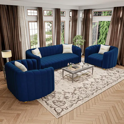 Miniatura 2 de Juego de sofá de 3 piezas de terciopelo azul para sala de estar, juego de sofá de 3 piezas de diseño moderno con patas de bola de metal doradas