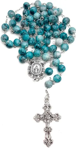 Miniatura 7 de Nazareth Store Rosario de cristal cristalizado turquesa con cuentas de rosario católico con medalla milagrosa y cruz de acero inoxidable Vidrio No