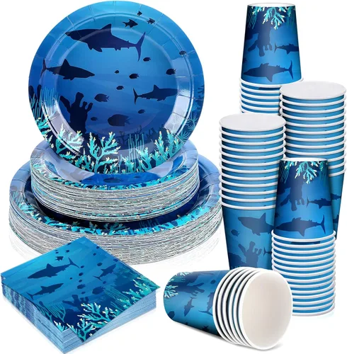 Marsui Juego de 200 piezas de vajilla de tiburón para fiesta de cumpleaños, diseño de tiburón, platos impresos, servilletas, tazas, decoraciones de