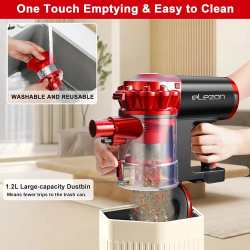 Miniatura 6 de elezon A200 - Aspiradora inalámbrica con potente succión de 18000Pa, tiempo de funcionamiento de 38 minutos, batería de 2200mAh, filtro HEPA