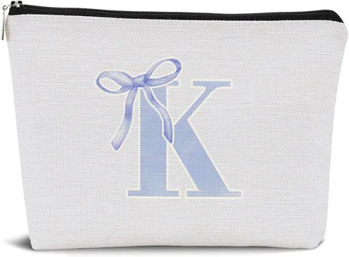 Coquette - Bolsa de maquillaje con lazo, inicial K, regalos personalizados para chicas adolescentes, regalos con monograma lindos y modernos preppy,