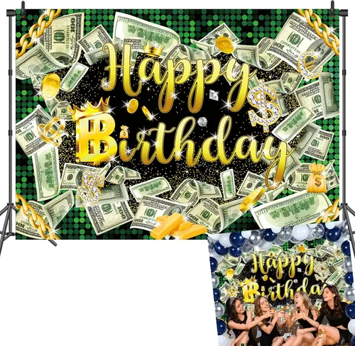 Miniatura 9 de Fondo de cumpleaños de 5 x 3 pies para fiesta de dinero, fondo de billetes de dólar, telón de fondo de hip hop, para niños, niñas y hombres