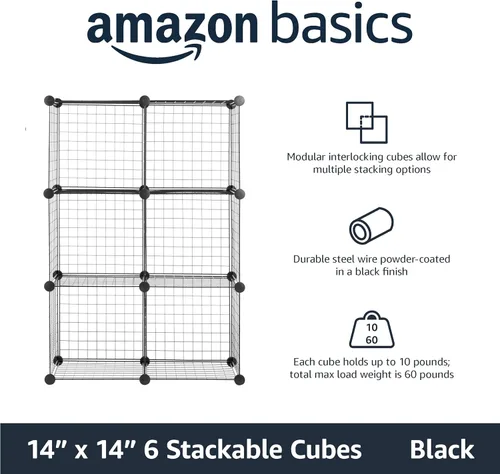 Miniatura 3 de Amazon Basics Organizador de almacenamiento de rejilla de alambre de 6 cubos, cubos apilables, estantería de cubículos, estante de exhibición, 14