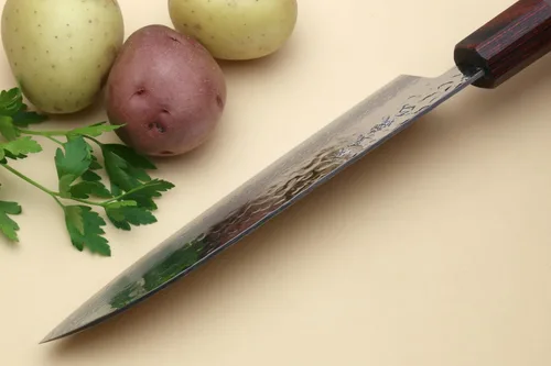 Miniatura 7 de Yoshihiro VG-10 Cuchillo de chef japonés multiusos de Damasco Santoku de 46 capas (mango de palisandro de 7 pulgadas)