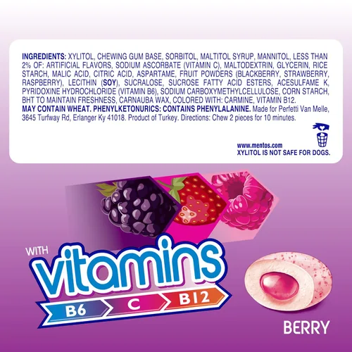 Miniatura 3 de Mentos Goma de mascar de vitaminas, goma de mascar sin azúcar con vitaminas y edulcorante de xilitol, bayas, botella de 45 unidades, 6 botellas