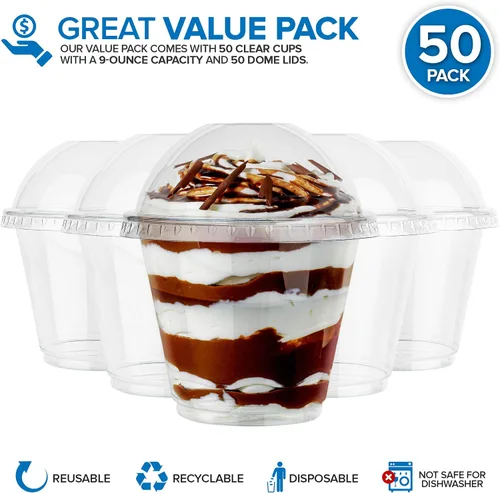 Miniatura 3 de Vasos de postre de plástico transparente de 9 onzas con tapas (juego de 50) taza de parfait desechable pequeña, tapa de cúpula, sin agujero