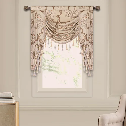 Miniatura 36 de Loom and Mill Cenefa de cascada de lujo de jacquard para sala de estar, elegantes cenefas de ventana con festones y cuentas damascadas, cortinas