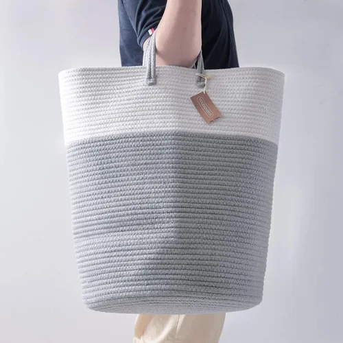 Miniatura 5 de Youdenova - Canasta para lavandería de cuerda tejida de algodón plegable de 58 litros; ideal como canasta de almacenamiento de ropa, mantas, Gris