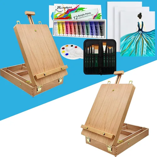 Miratuso Art Supplies - Juego de arte de 27 piezas con 2 caballetes de mesa, pintura acrílica de 12 colores, 10 pinceles de pintura, 3 paneles de